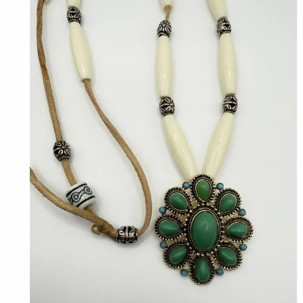 Western Turquoise Statement Pendant Necklace Adjustable Ivory Beads